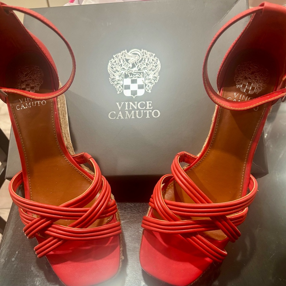 Vince Camuto Red Multi‑Strap Ankle‑Strap Heeled Sandals. New with box.